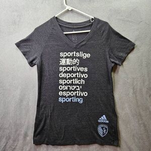 Sporting Kansas City Shirt Womens Sz XL Gray Adidas V-Neck Logo Spellout MLS Tee